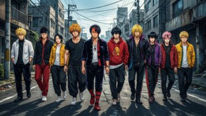 Sabay-sabay na nagmamartsa ang gang ng Tokyo Revengers.