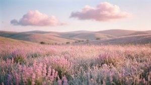 Isang parang pastel na may kulay rosas at lavender sa ilalim ng malambot na langit ng umaga.