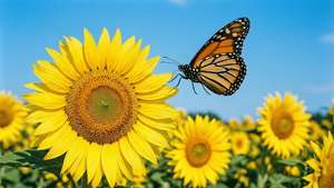 Paruparo na lumilipad sa ibabaw ng mga sunflower, maliwanag na maaraw na araw. — Butterfly aesthetic GIF Wallpaper