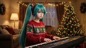 Si Hatsune Miku na nagpapatugtog ng keyboard na naka-Christmas sweater