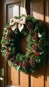 Palamuting pasko na may holly at berries sa isang rustic na pinto. — iPhone 5 Wallpaper