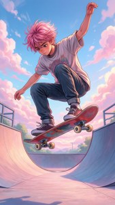 Isang makulay na anime na batang skater na gumaganap ng trick sa isang panaginip na langit.