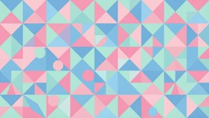 Isang modernong pastel na geometric pattern na may mga tatsulok at bilog sa malalambot na kulay.