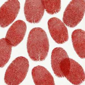 Abstract pattern ng mga hugis ng pulang thumbprint ng OnePlus sa puti.
