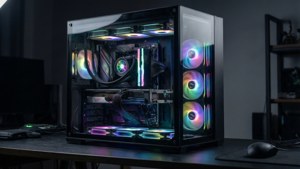 Isang minimalistang high-end gaming PC na may kumikinang na RGB components. — Gaming GIF Wallpaper