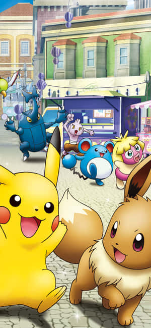 Nakatutuwang Pikachu at Eevee — Pixel 7 Wallpaper