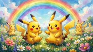 Nakatutuwang watercolor ni Pikachu na naglalaro sa isang patlang ng mga bulaklak na may bahaghari. — Nintendo Wallpaper