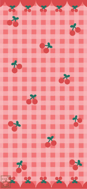 Pink Checkered Cute Red Cherries — iPhone 14 Pro Wallpaper