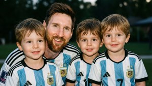 Si Messi kasama ang kanyang mga anak na nakasuot ng Argentina jerseys.