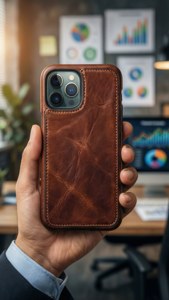 iPhone 11 Pro Max na nasa leather case na hawak ng isang propesyonal na may background ng opisina.