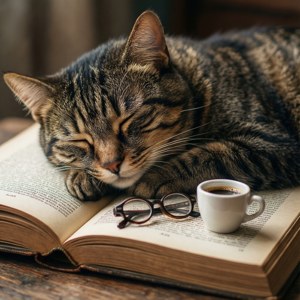 Isang pusa na natutulog sa ibabaw ng libro, may salamin at kape. — Nyan cat Wallpaper