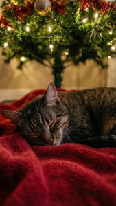 Natutulog na pusa sa ilalim ng Christmas tree na may mga ilaw. — Maaliwalas na pasko na may mainit na pakiramdam Wallpaper