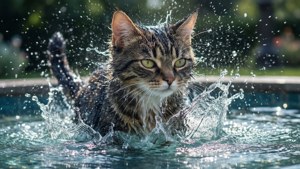 Elemental na pusang anime ng tubig na naglalaro sa isang fountain.