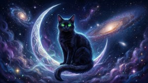 Isang mahiwagang itim na pusa sa isang gasuklay na buwan — Pusang anime Wallpaper
