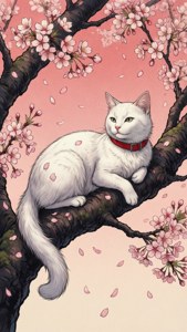 Isang eleganteng pusa na nakapatong sa sanga ng sakura — Pusang anime Wallpaper
