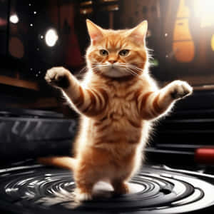 Pusang Kahel na Sumasayaw sa Vinyl Record