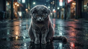 Isang nag-iisang pusang na kulay abo sa ulan — Pusang anime Wallpaper