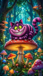 Isang mapaglarong Cheshire Cat na nakaupo sa isang kabute sa isang makulay na kagubatan na may mga alitaptap.