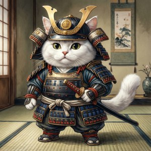 Isang cute na pusang samurai sa tradisyonal na setting ng Hapon — Pusang anime Wallpaper