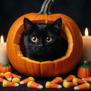 Kaibig-ibig na itim na pusang sumisilip mula sa jack-o-lantern na may candy corn.