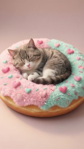 Si Pusheen ay natutulog sa isang hugis-donut na kama, isang sobrang cute na kawaii wallpaper para sa mga mahilig sa pusa.