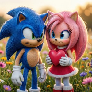 Nagbabahagi sina Sonic at Amy ng isang malambot na sandali sa isang maaraw na parang ng mga bulaklak. — Sonic Wallpaper
