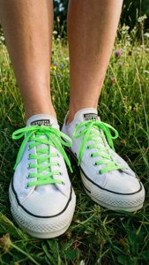 Puting sapatos na Converse na may neon na sintas sa damuhan, wallpaper ng kaswal na istilo sa tag-init. — Tag-init aesthetic Wallpaper