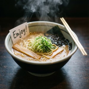 Isang malapitang kuha ng isang umuusok na ramen bowl na delivered na may personal note — Galaxy Watch Wallpaper