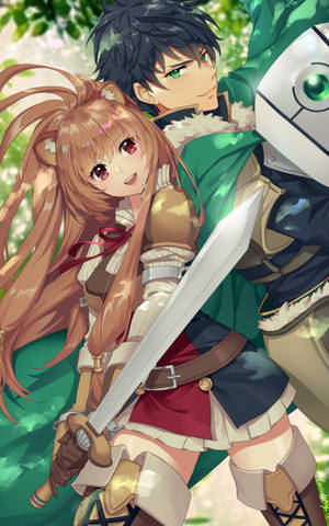 Sina Raphtalia at Naofumi na likod sa likod na larawan na humuhukot ng kanilang mga armas na wallpaper. — Galaxy Tab Wallpaper