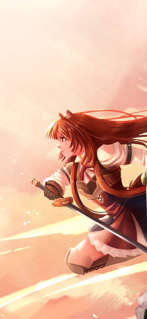 Raphtalia hawak ang kanyang espada sa background na kulay rosas na langit na wallpaper. — iPhone 14 Plus Wallpaper