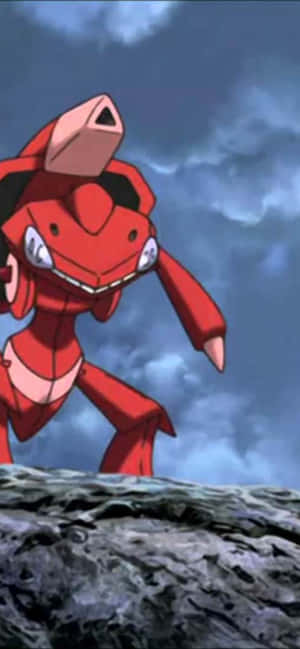 Pulang Genesect Pokémon na Nakatayo sa Bato — Galaxy A55 Wallpaper