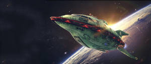Berde na Spaceship Sa Outer Space na wallpaper.
