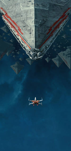 Star Wars wallpaper ng isang spaceship sa itaas ng clear blue sky na may floating buildings — iPhone 13 Pro Max Wallpaper