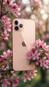 Rose gold iPhone 11 Pro Max sa gitna ng mga rosas na bulaklak sa liwanag ng tagsibol.