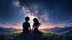 Silweta ng magkasintunang anime sa ilalim ng mabituing gab-i — Anime couple GIF Wallpaper