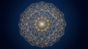 Mandala ng lotus na may sagradong heometriya na may ginto at puti sa maitim na asul. — Bulaklak ng Lotus Wallpaper