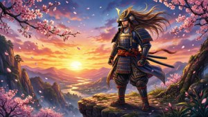 Isang epikong eksenang manga ng pantasya ng isang samurai sa paglubog ng araw.