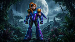 Eksena ng science fiction na si Samus Aran sa isang dayuhang planeta na may malaking buwan. — Nintendo Wallpaper
