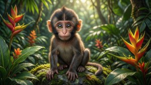 Kaibig-ibig na sanggol na unggoy na nakaupo sa mabagong bato sa isang tropikal na kagubatan na may malambot na sikat ng araw — Cute Monkey Wallpaper