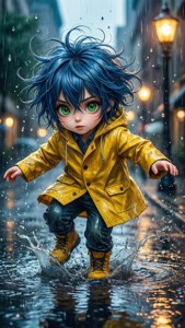 Isang batang anime na may asul na buhok ang masayang nagwisik sa isang lawa-tubig sa maulan na lansangan ng lungsod. — Anime Kids Wallpaper
