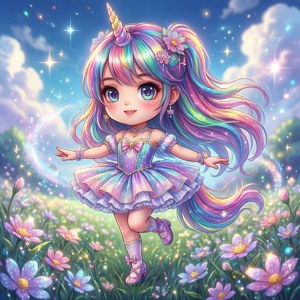 Chibi na anime na babaeng unicorn na sumasayaw sa isang kumikinang na bukid.