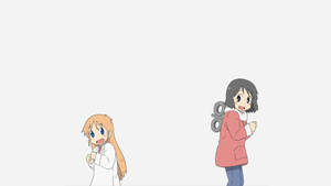 Sina Nano at Hakase mula sa Nichijou na sumasayaw na may puting background — Sayaw ng anime Wallpaper