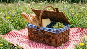 Isang picnic basket na may pagkain sa isang checkered na kumot sa isang parang, idyllic na summer lunch aesthetic. — Tag-init aesthetic Wallpaper