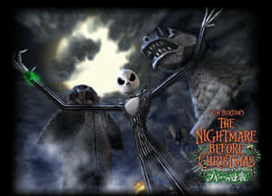 Si Jack Skellington at Zero ay naglilibot sa Halloween Town sa Gabi — Nightmare before christmas GIF Wallpaper
