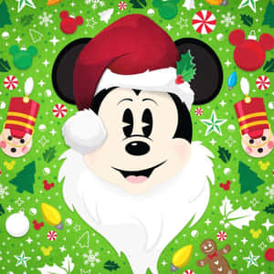 Si Mickey Mouse na may suot na sombrerong Santa at mga palamuting Pasko — Disney pasko Wallpaper