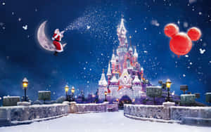 si santa claus na lumilipad sa ibabaw ng isang kastilyo kasama ang mga lobo — Disney pasko Wallpaper