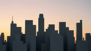 Patag na silweta ng skyline sa paglubog ng araw.