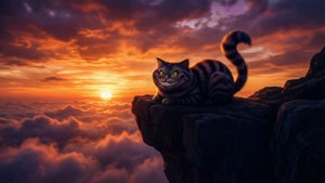 Silweta ng Cheshire Cat laban sa isang makulay na paglubog ng araw. — Cheshire Cat Wallpaper