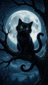 Silweta ng Gothik na Pusa Cheshire sa isang sanga sa ilalim ng kabilugtong buwan.