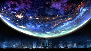 Wallpaper ng sining ng Galaxy Moon sa itaas ng lungsod — Galaxy moon Wallpaper